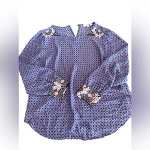 LOFT Blue Geometric Blouse with Floral Accents